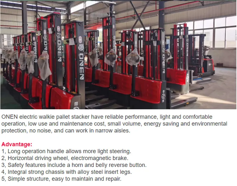 550*1150*1220mm /685*1220*75mm Li-ion Battery Onen Iron and Plastic Film Warehouse Electric Pallet Stacker