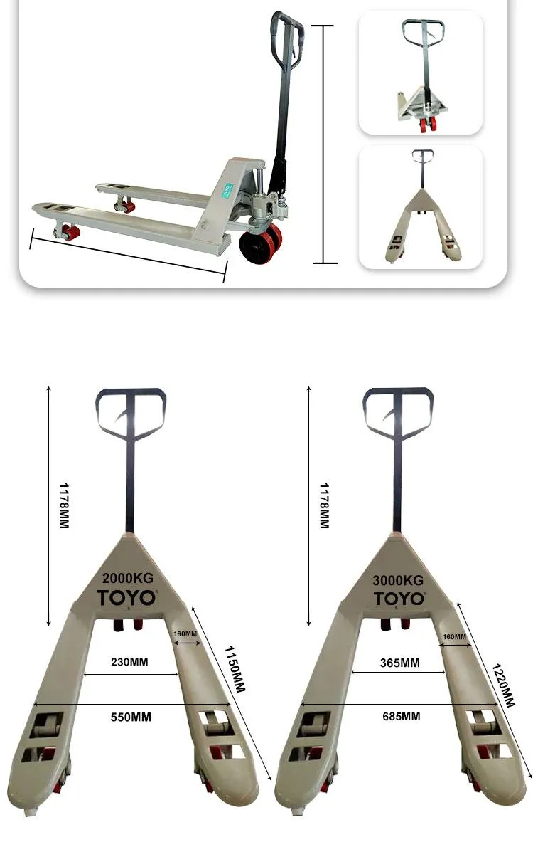 Toyo High Quality 2ton 3ton 1150*550 Hand Pallet Truck